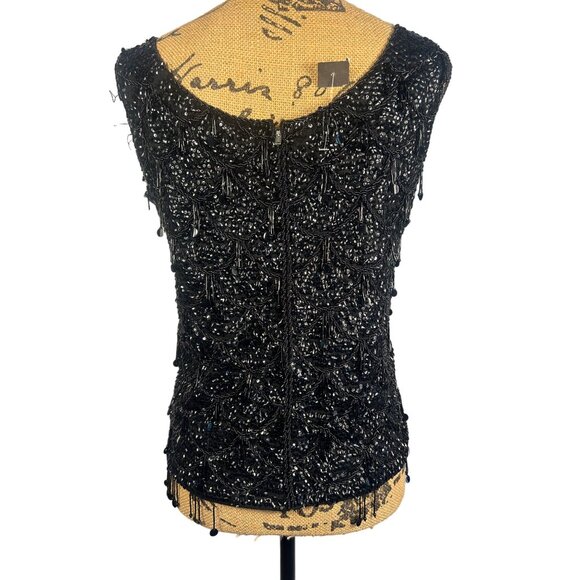 VTG 50s NWT Womens M Handmade Gatsby Black Beaded Wool Sleeveless Top Old Money - Picture 2 of 8
